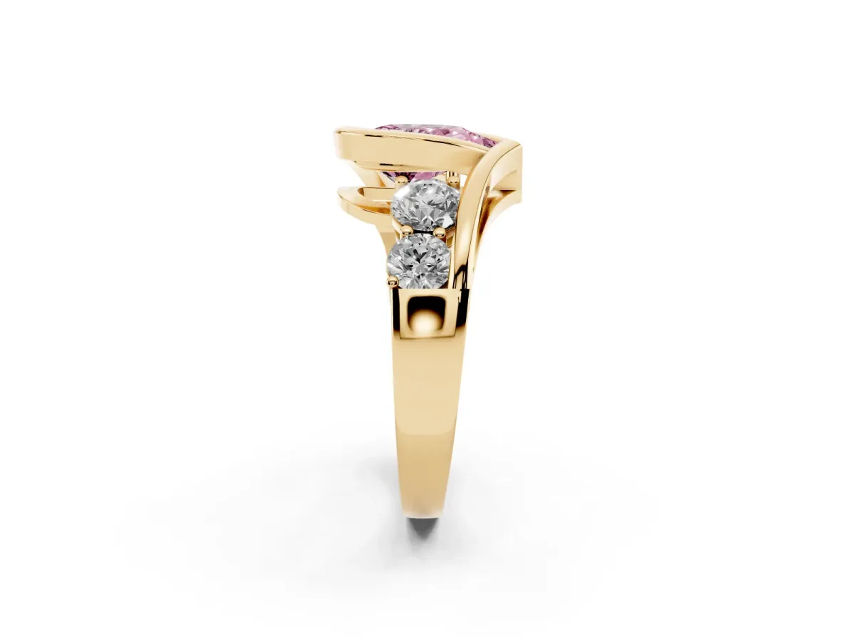 Fancy Pink Bezel Set Pear Cut Diamond Bypass Ring with Round Accents Yellow gold