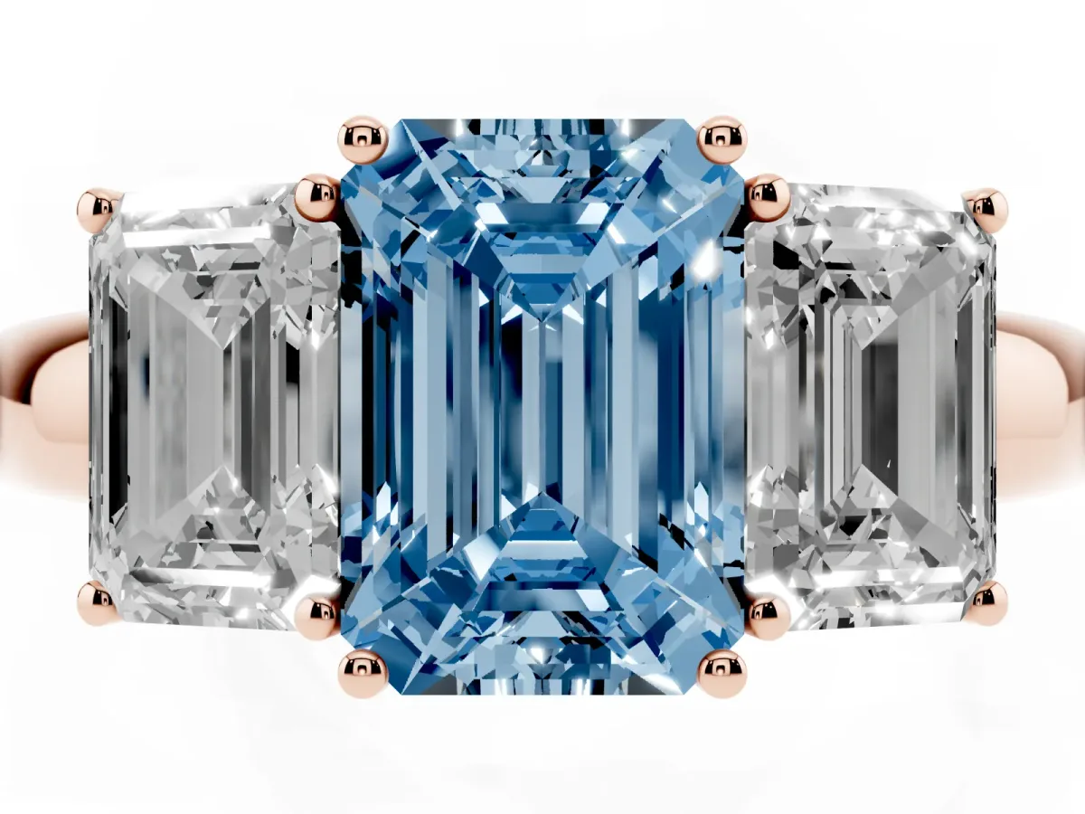 Fancy Blue Emerald Cut Diamond Three-Stone Ring with Four-Prong Setting and Classic Band Rose gold