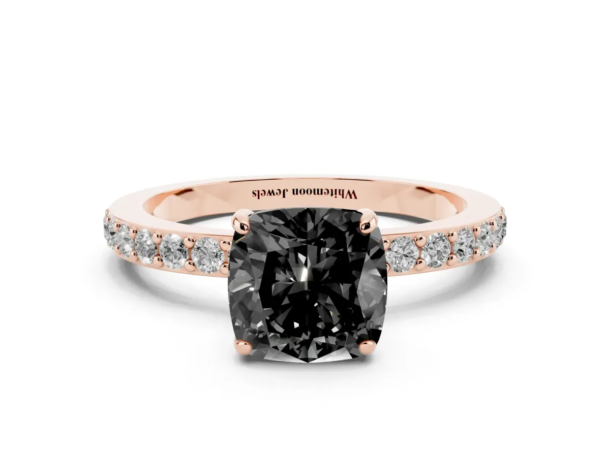 Fancy Black Cushion Cut Diamond Pavé Engagement Ring with Round Accents and Prong Setting Rose gold