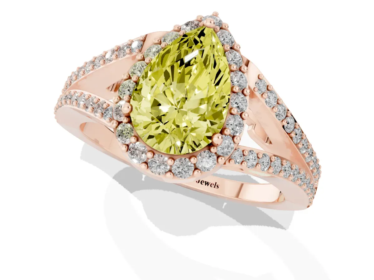 Fancy Yellow Pear Cut Halo Split Shank Pave Diamond Ring with Four-Prong Setting Rose gold