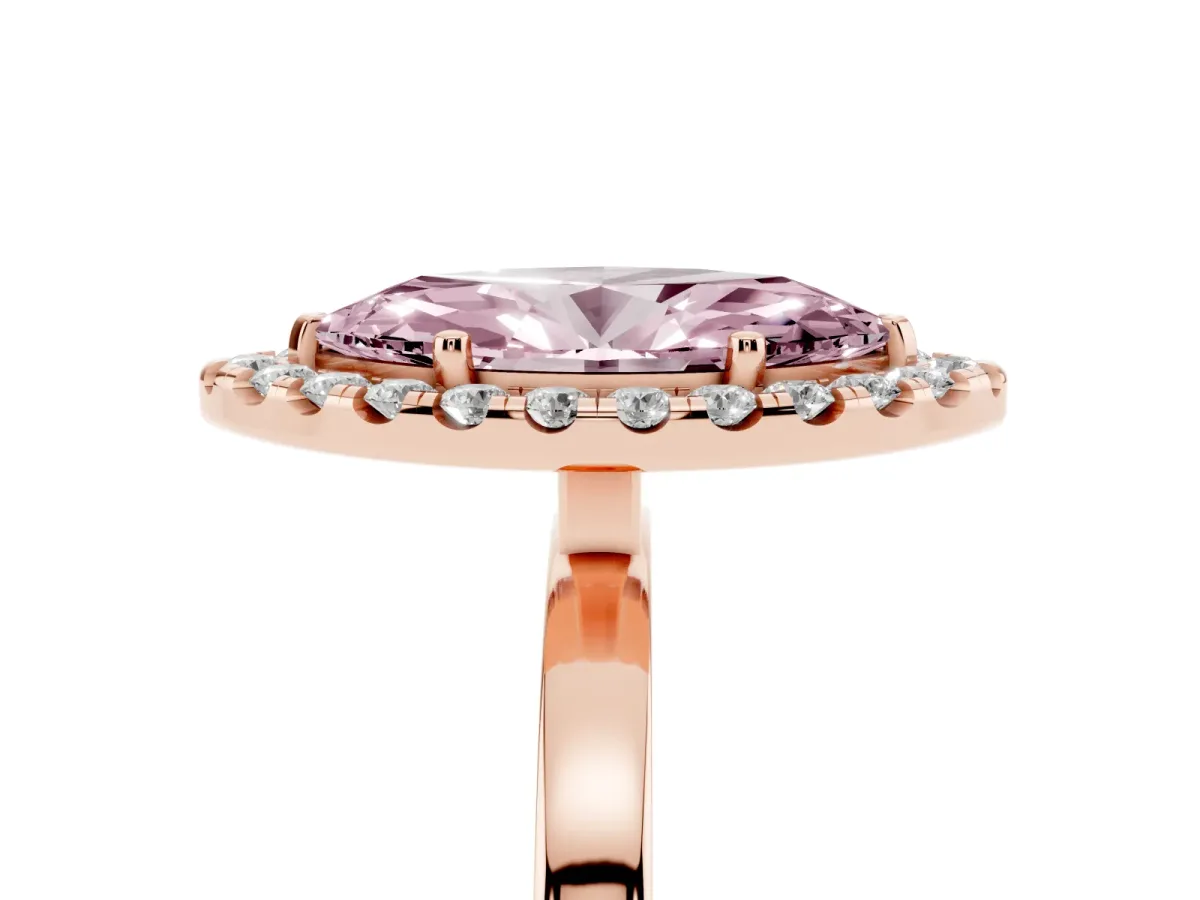 Fancy Pink Marquise Cut Halo Diamond Solitaire with Pavé Band and Four-Prong Setting Rose gold