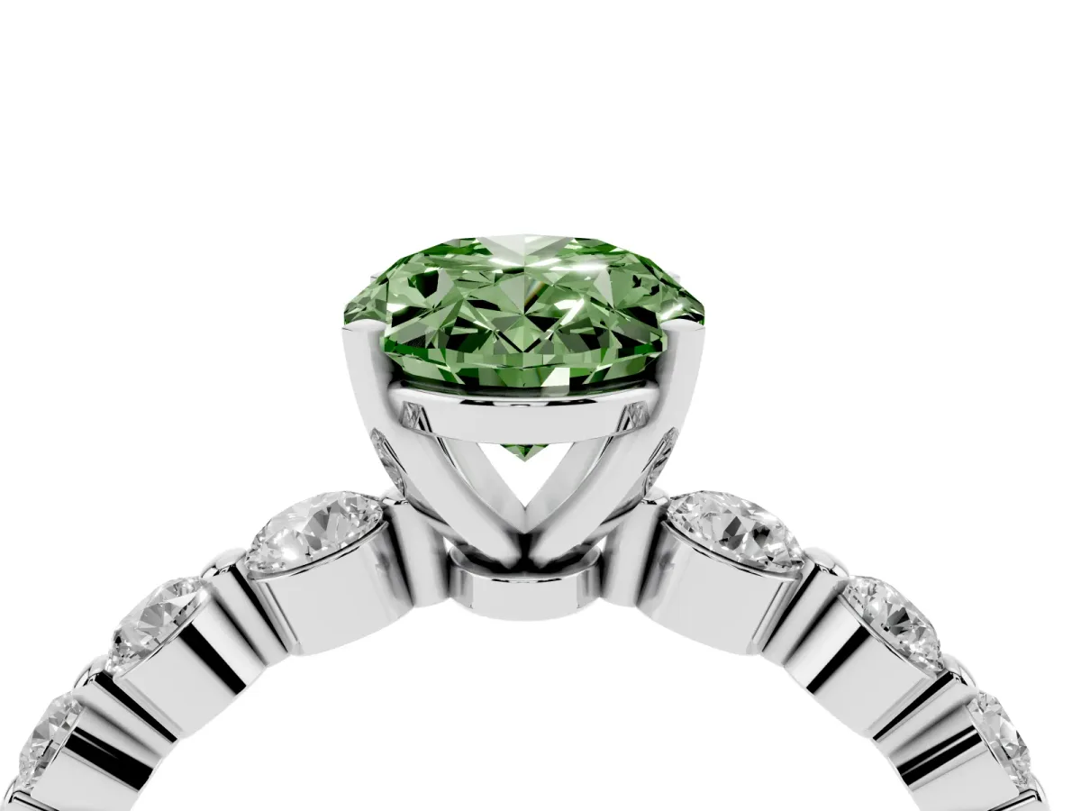 Fancy Green Oval Cut Solitaire Diamond Ring with Pave Band and Four-Prong Setting Silver