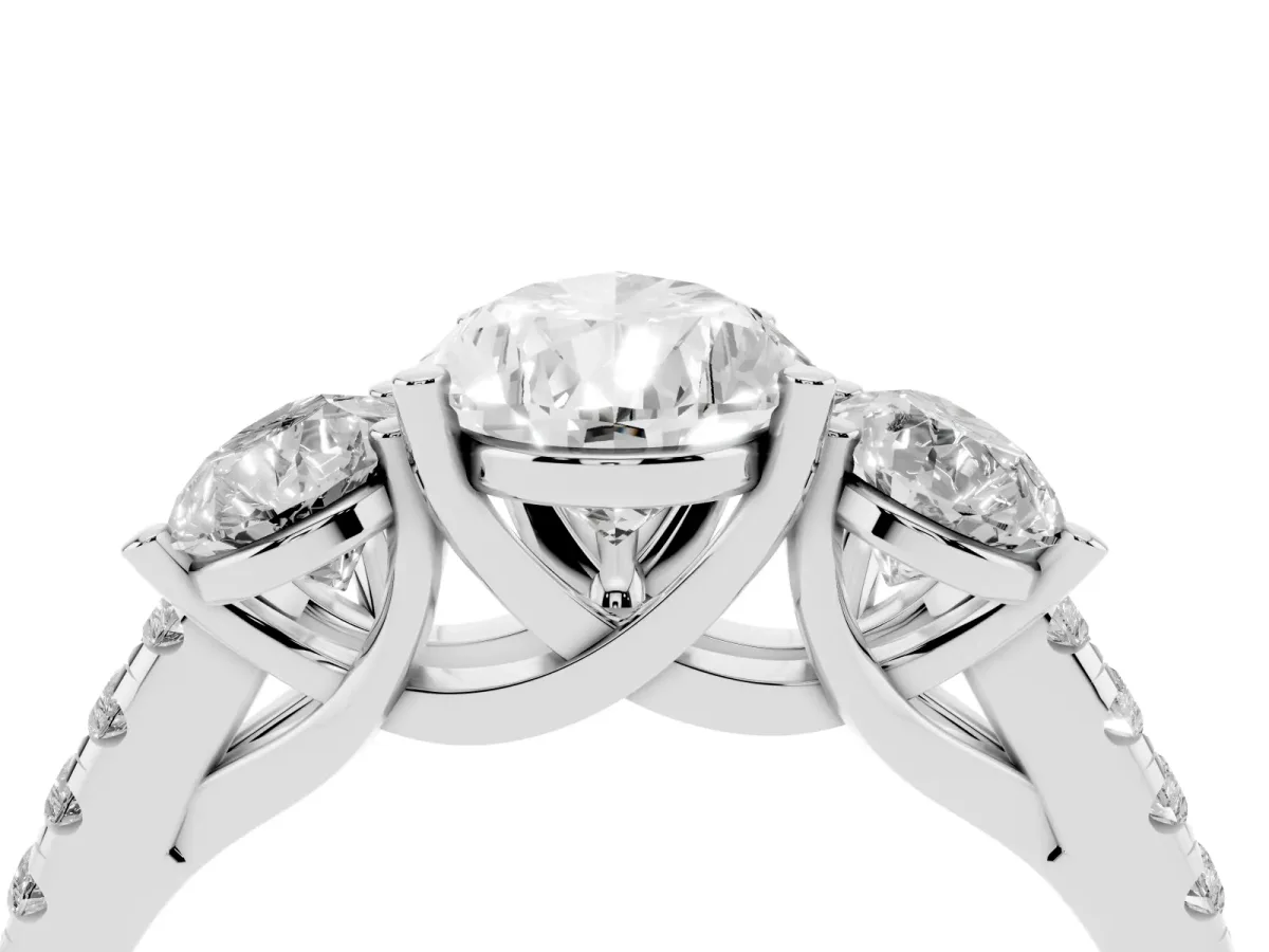 Three-Stone Pear Cut Diamond Ring with Round Pavé Band and Prong Setting Silver