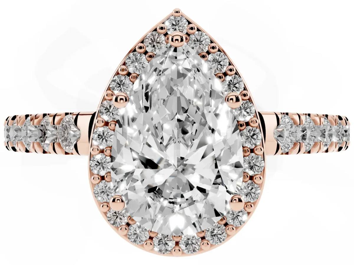 Pear Cut Cut Halo Diamond Engagement Ring with Pave Band and Four-Prong Setting Rose gold