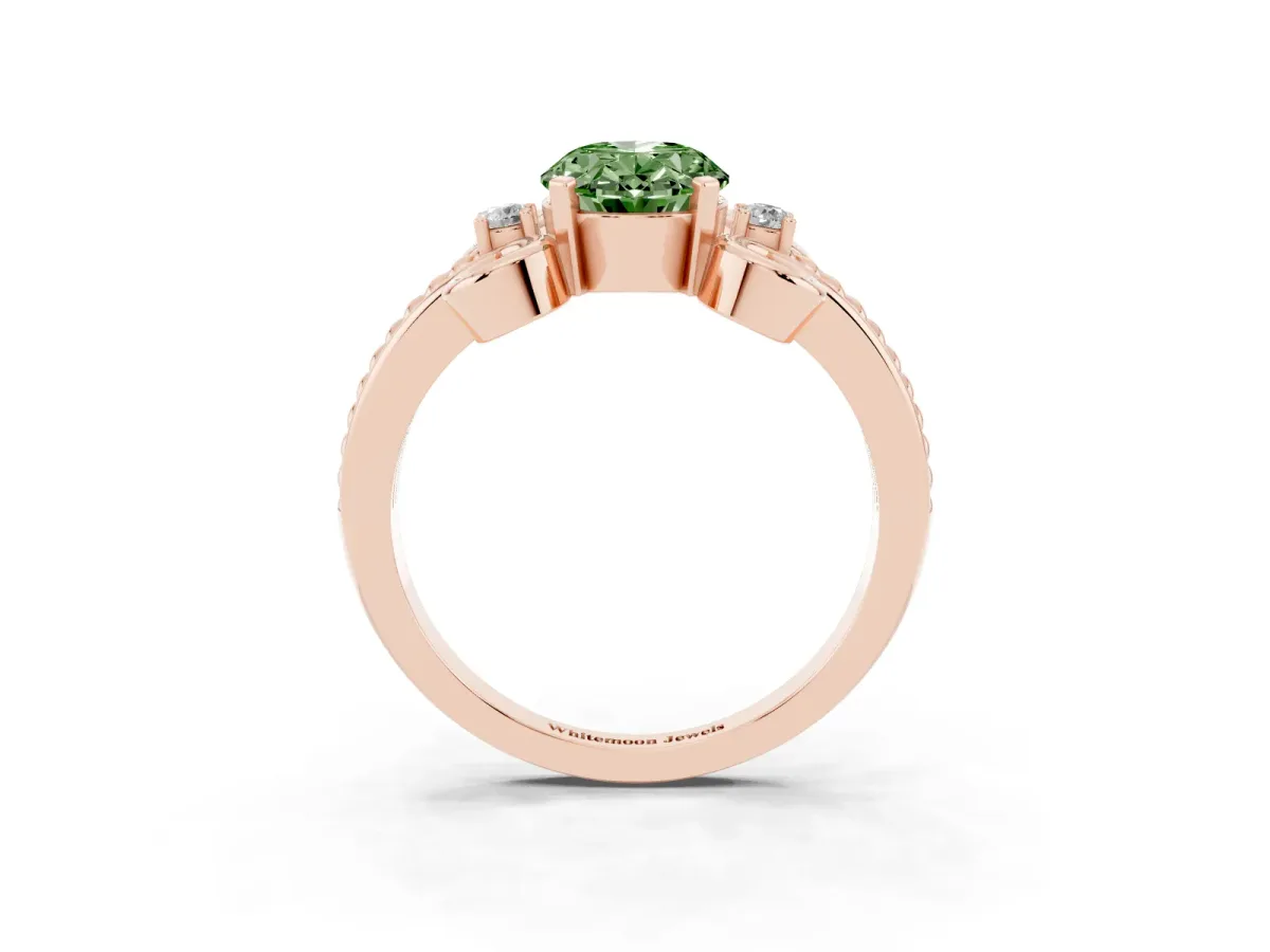 Fancy Green Oval Cut Solitaire Twisted Band Scroll Prong Ring Rose gold