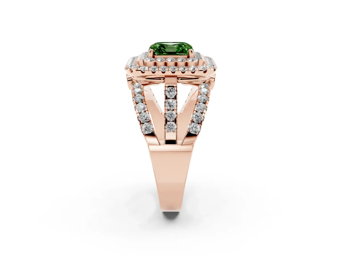 Fancy Green Asscher Cut Diamond Double Halo Ring with Round Pavé Split Shank and Prong Setting Rose gold