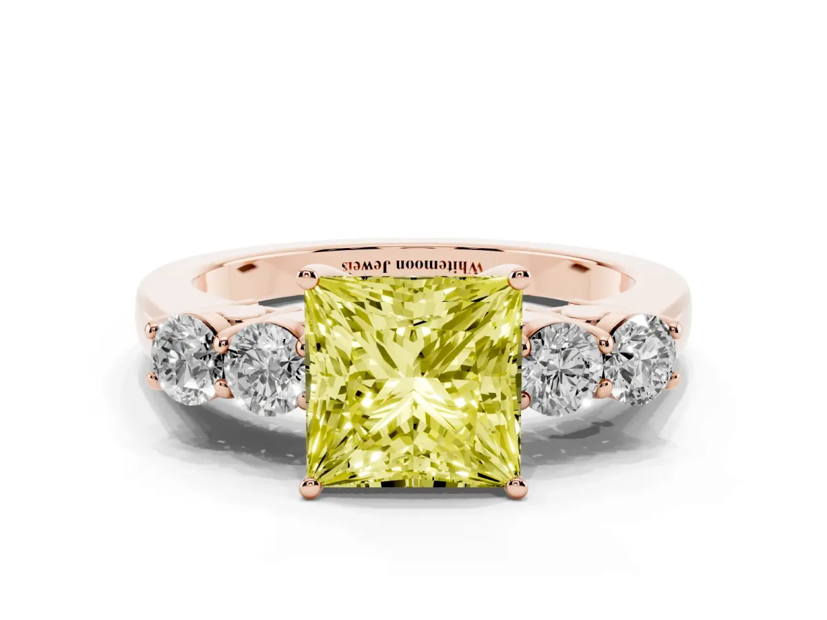 Fancy Yellow Princess Cut Cut Diamond Five-Stone Prong Set White Gold Ring Rose gold