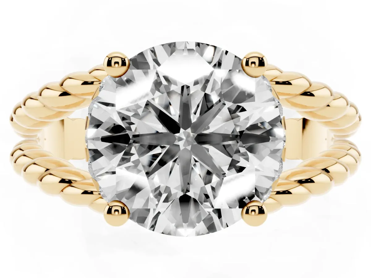 Round Cut Halo Twisted Band Four-Prong Ring Yellow gold