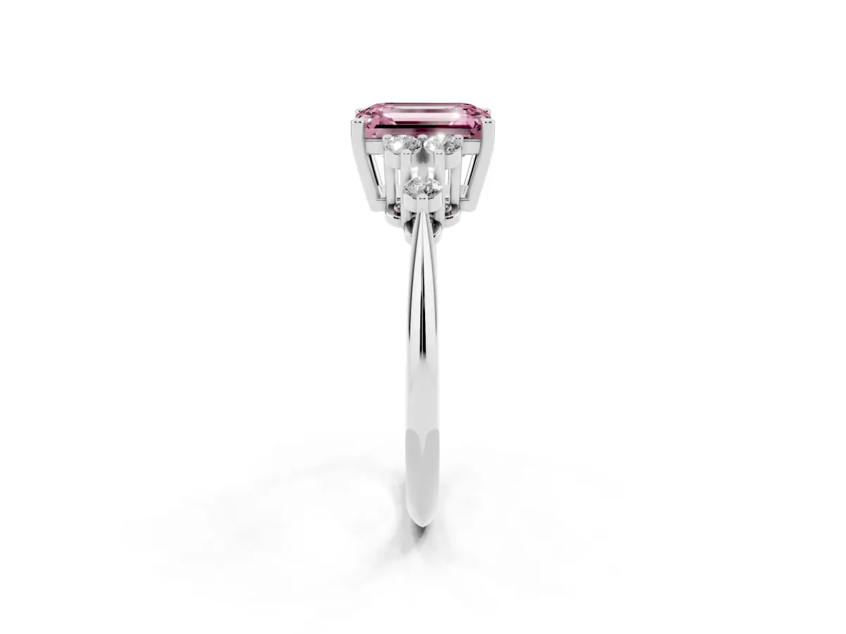 Fancy Pink Emerald Cut Cut Diamond Cluster Ring with Solitaire Band and Four-Prong Setting Silver