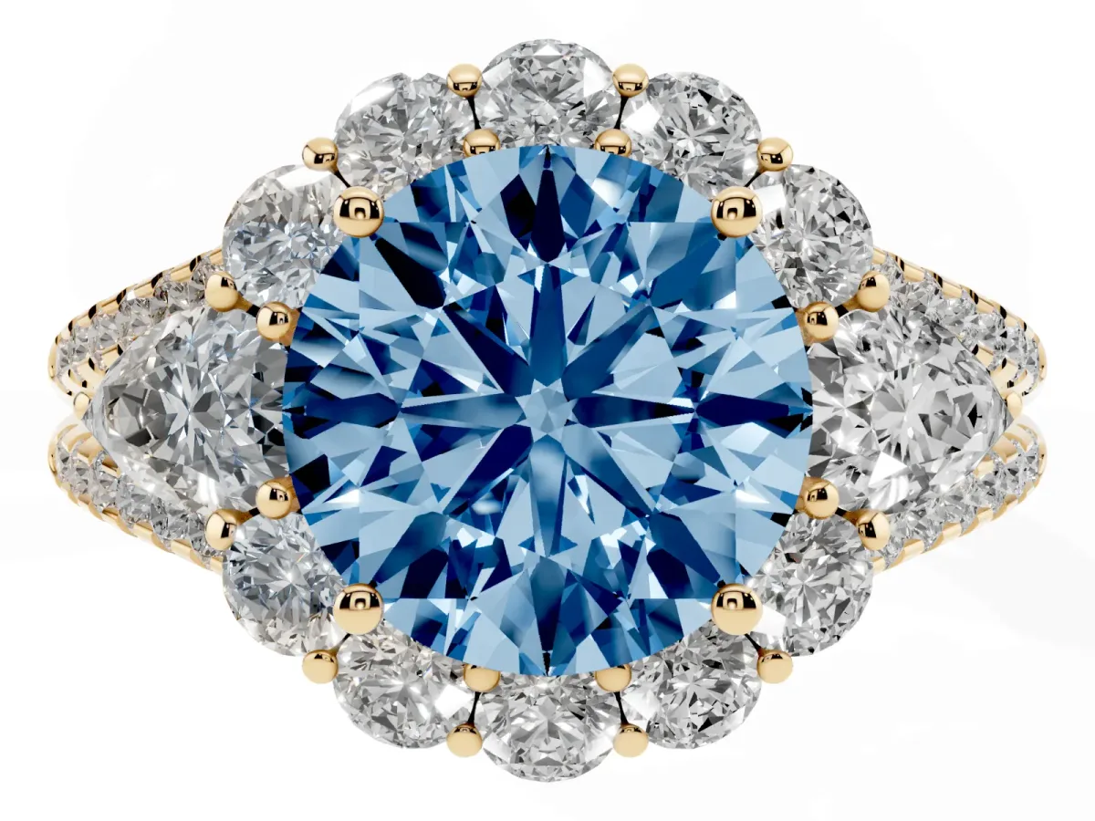 Fancy Blue Round Cut Halo Split Shank Diamond Engagement Ring with Prong Setting Yellow gold