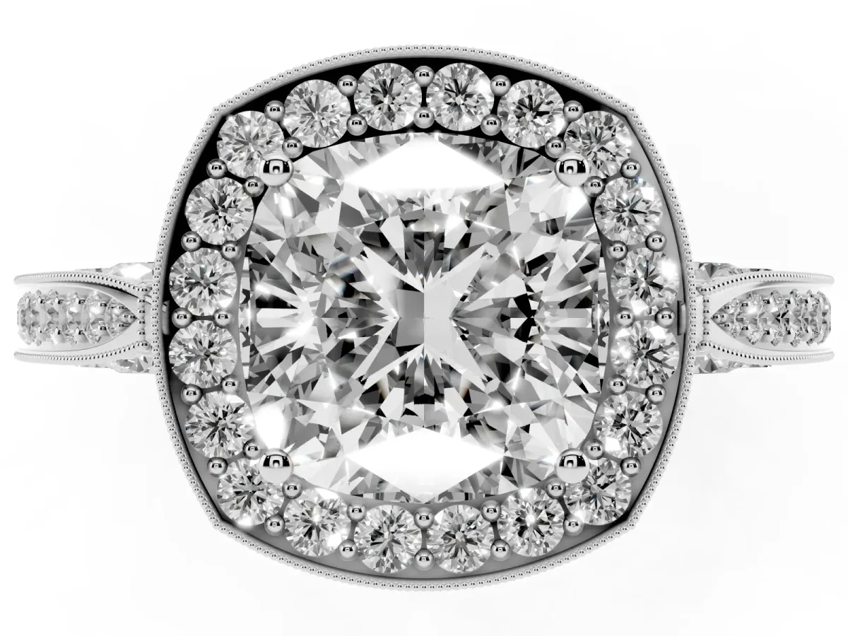 Cushion Cut Halo Diamond Engagement Ring with Split Shank Band and Four-Prong Setting Silver