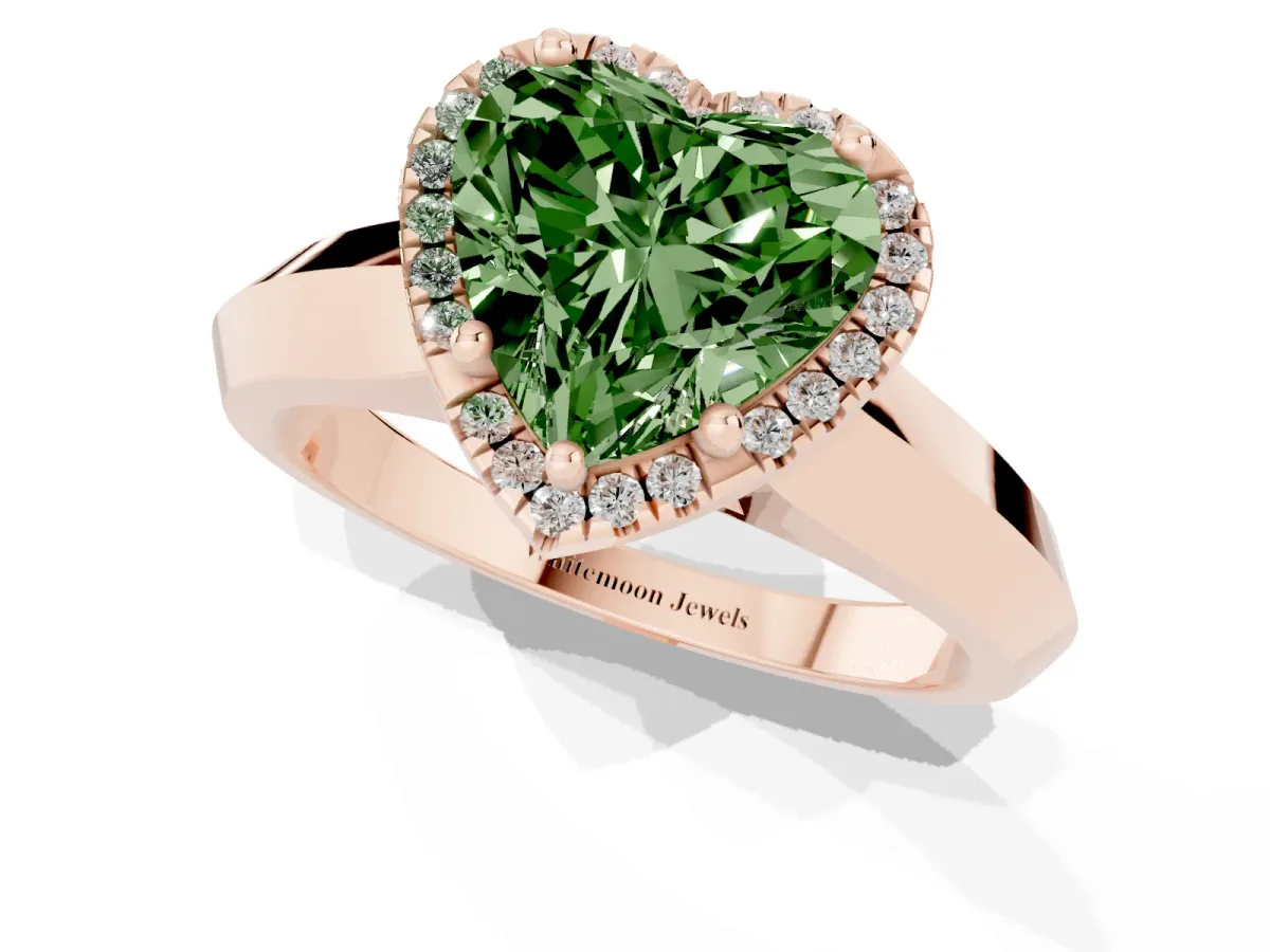 Fancy Green Heart Cut Halo Diamond Ring with Cathedral Band and Four-Prong Setting Rose gold