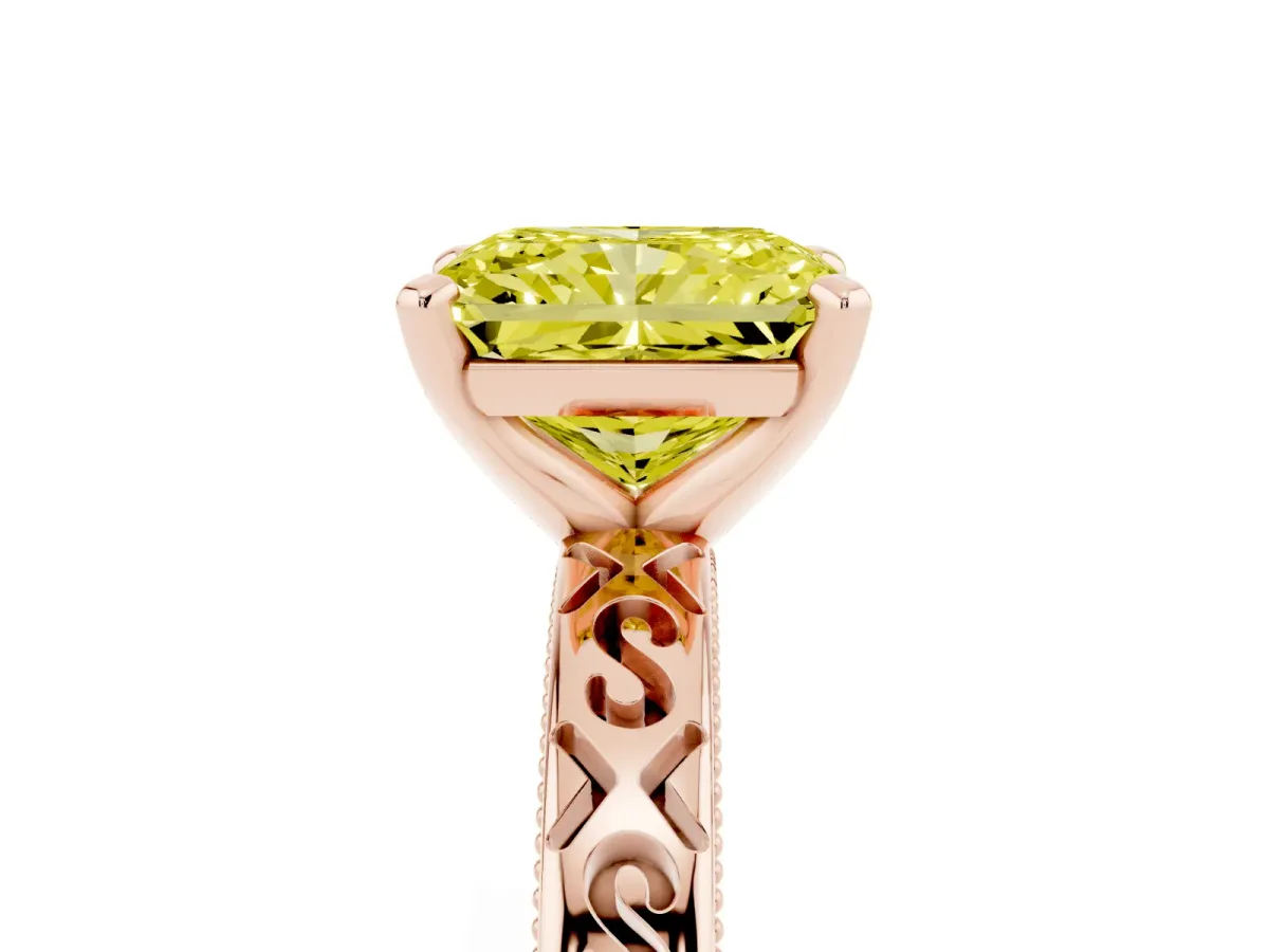 Fancy Yellow Radiant Cut Solitaire Engagement Ring with Scrollwork Band and Four-Prong Setting Rose gold