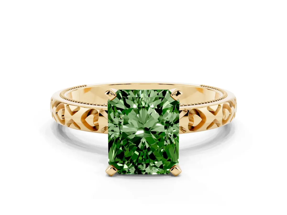 Fancy Green Radiant Cut Solitaire Diamond Engagement Ring with XO Engraved Band and Four-Prong Setting Yellow gold