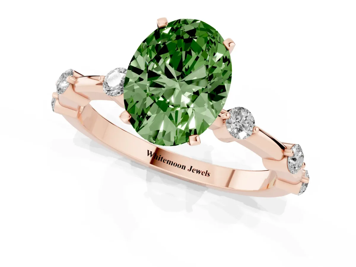 Fancy Green Oval Cut Solitaire Diamond Ring with Bezel Set Side Stones and Prong Setting Rose gold