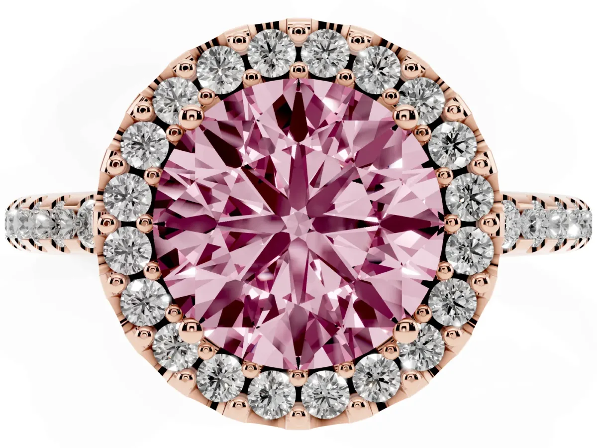 Fancy Pink Round Cut Diamond Pavé Halo Ring with Four-Prong Setting Rose gold