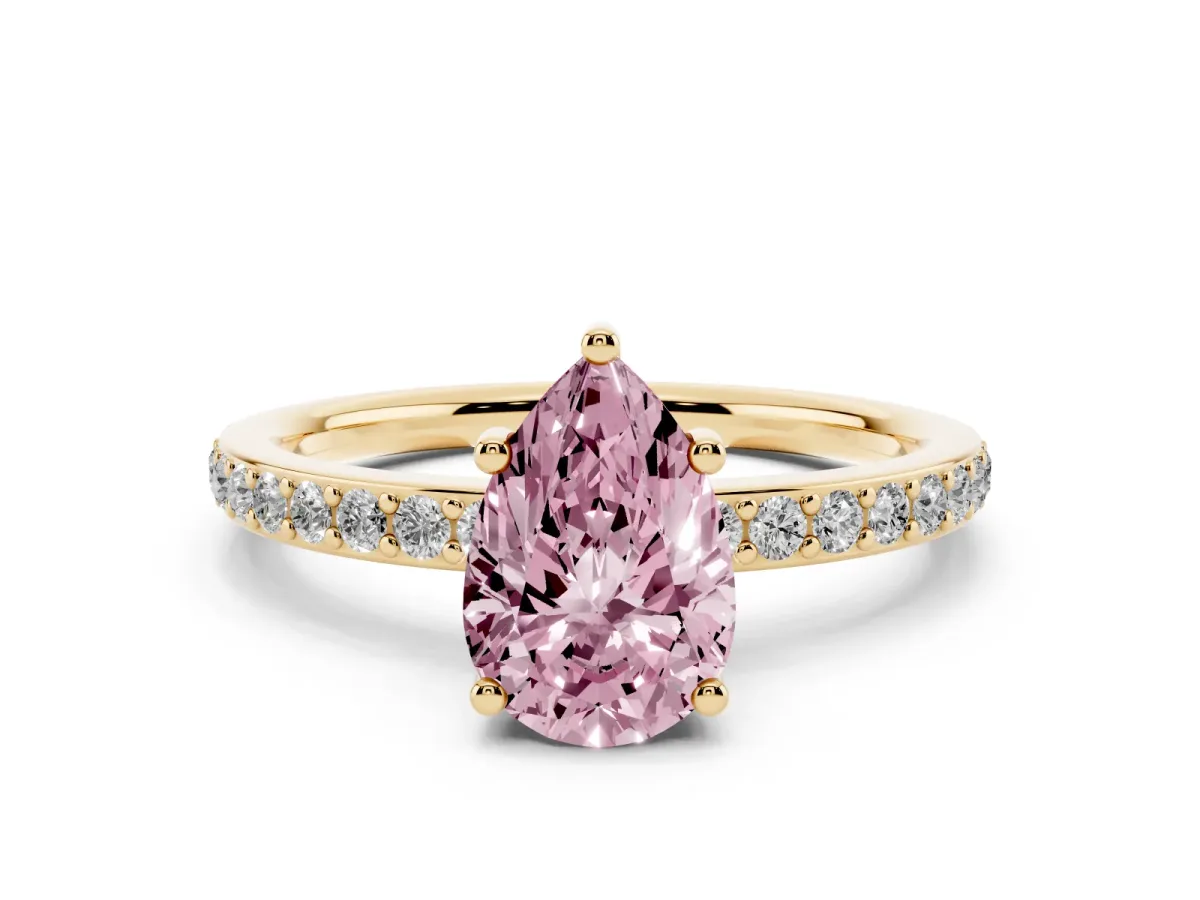 Fancy Pink Pear Cut Cut Diamond Pavé Band Ring with Four-Prong Setting Yellow gold