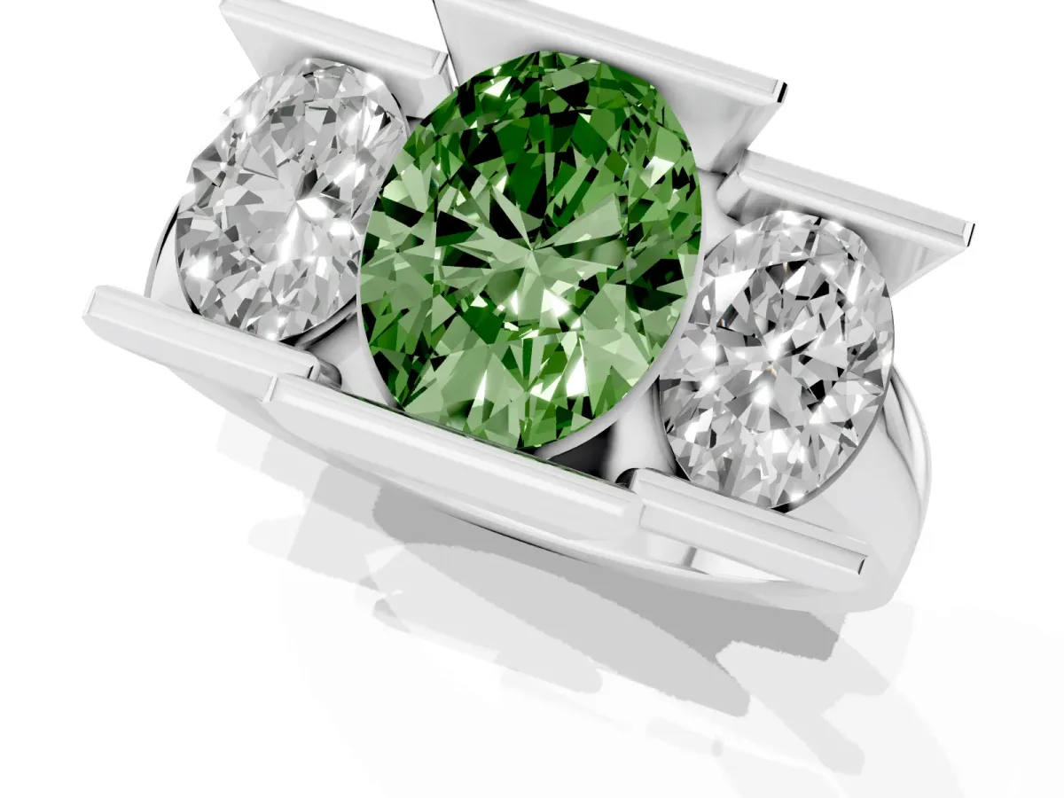 Fancy Green Three Stone Oval Cut Cut Channel Set Diamond Ring White gold