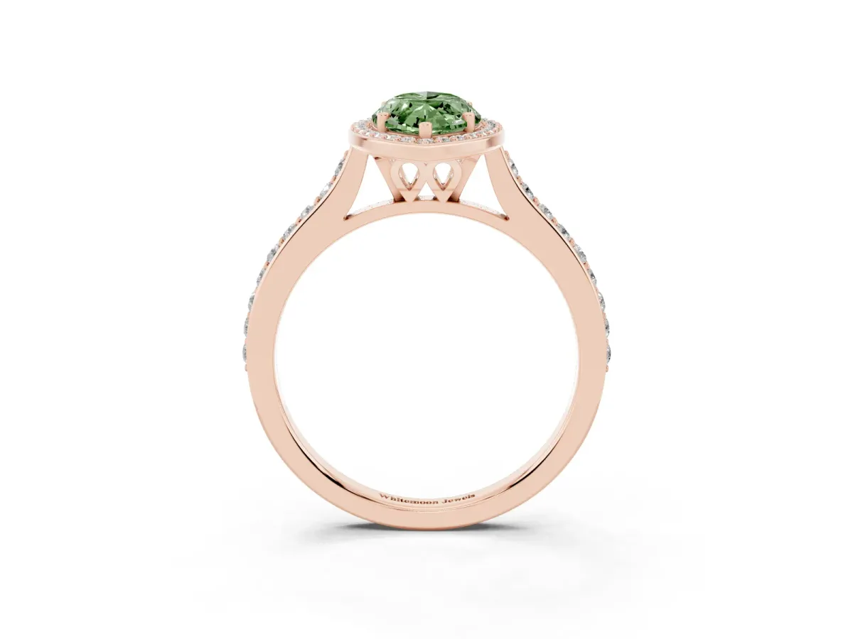 Fancy Green Marquise Cut Diamond Halo Engagement Ring with Round Pavé Shoulders and Prong Setting Rose gold