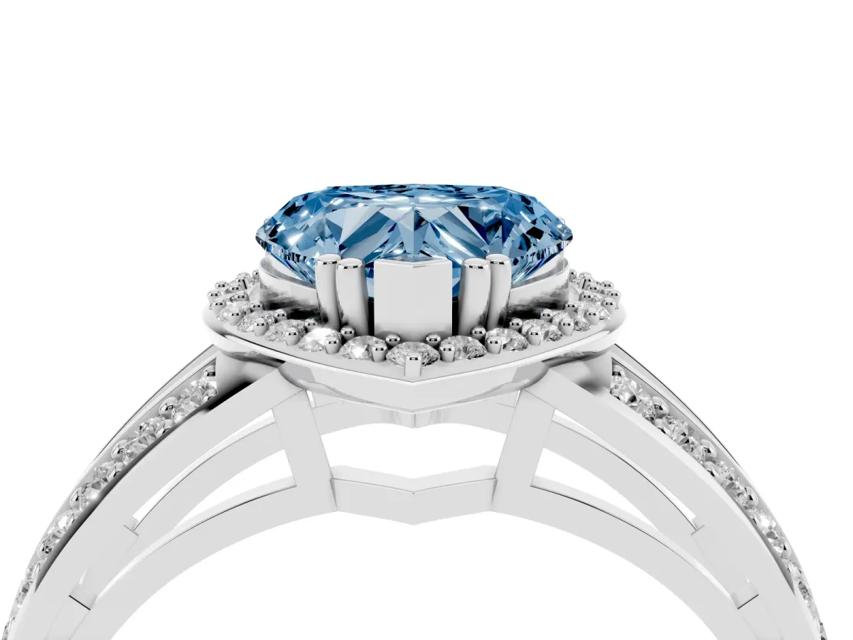 Fancy Blue Heart Cut Diamond Halo Ring with Split Shank Pavé Band and Four-Prong Setting Platinum