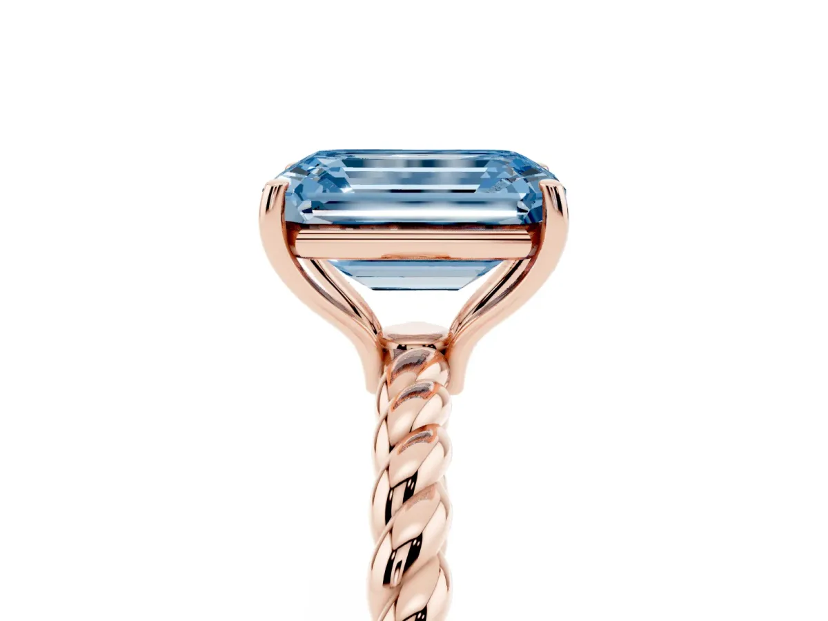 Fancy Blue Emerald Cut Solitaire Twisted Band 4-Prong Ring Rose gold