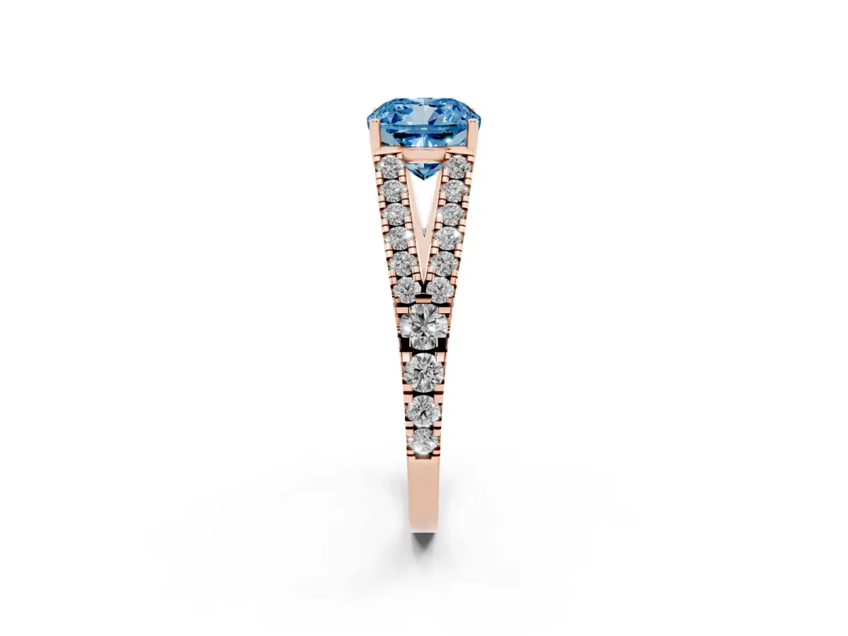 Fancy Blue Cushion Cut Diamond Split Shank Pavé Engagement Ring with Four-Prong Setting Rose gold
