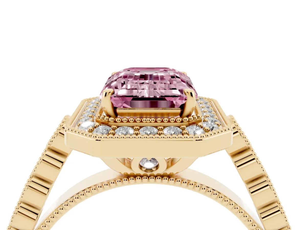 Fancy Pink Emerald Cut Halo Milgrain Solitaire with Bezel Set Side Stones and Pave Band Yellow gold