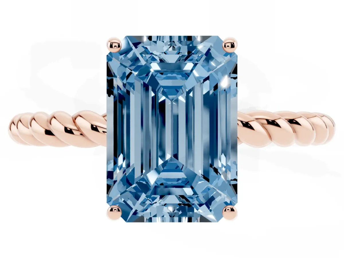 Fancy Blue Emerald Cut Solitaire Twisted Band 4-Prong Ring Rose gold
