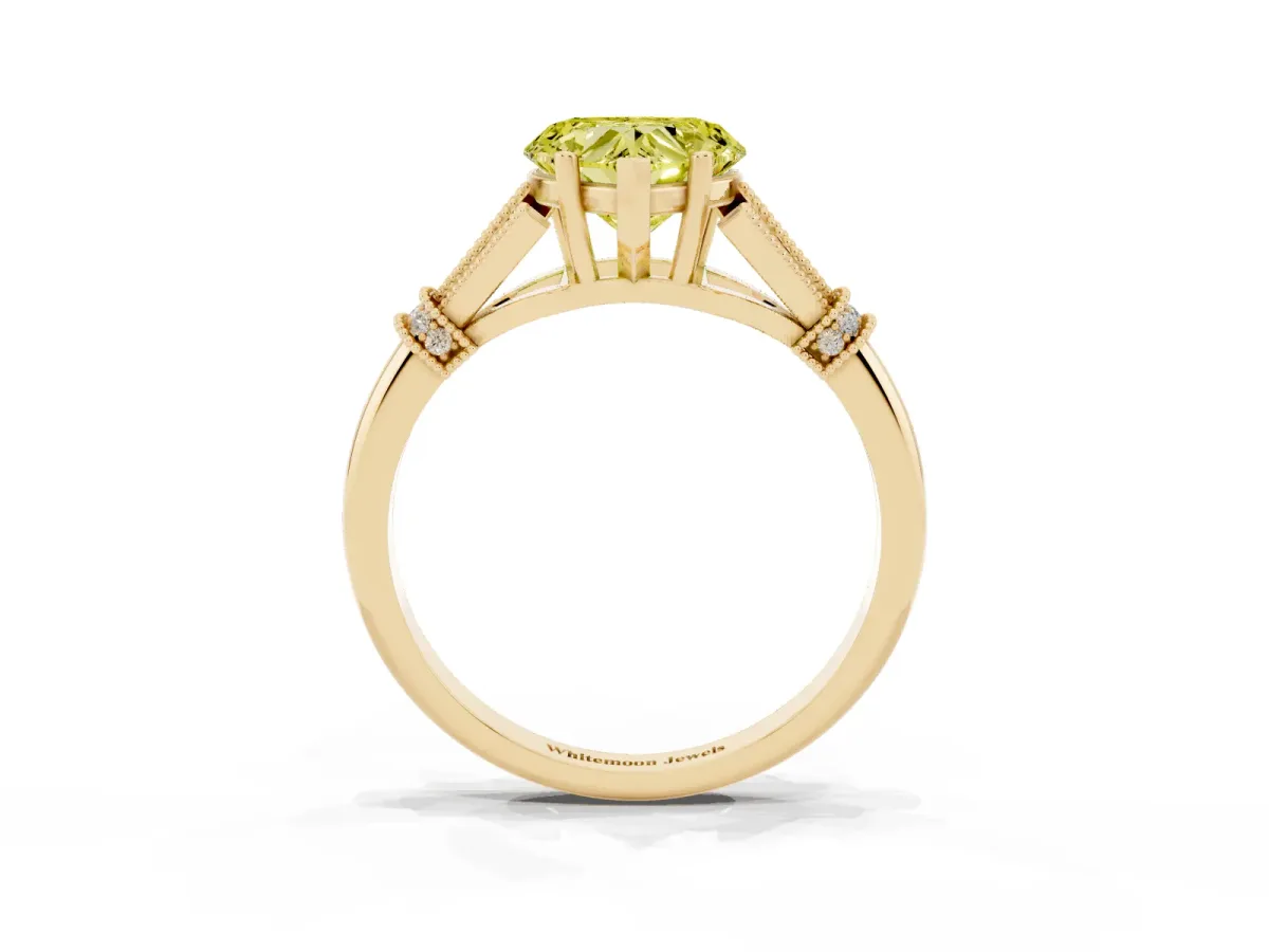 Fancy Yellow Heart Cut Diamond Solitaire Ring with Floral Filigree and Pave Accents Yellow gold