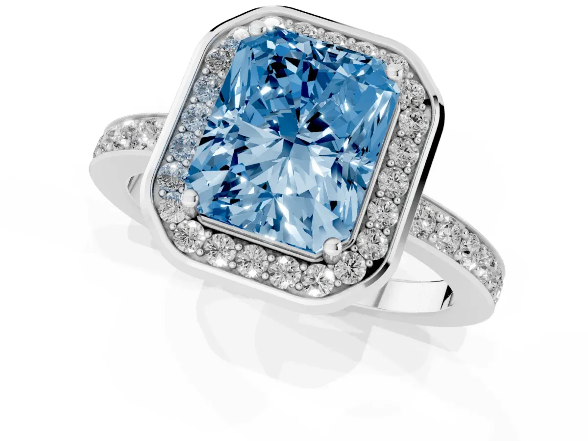 Fancy Blue Radiant Cut Diamond Halo Ring with Bezel Frame and Pavé Band Silver