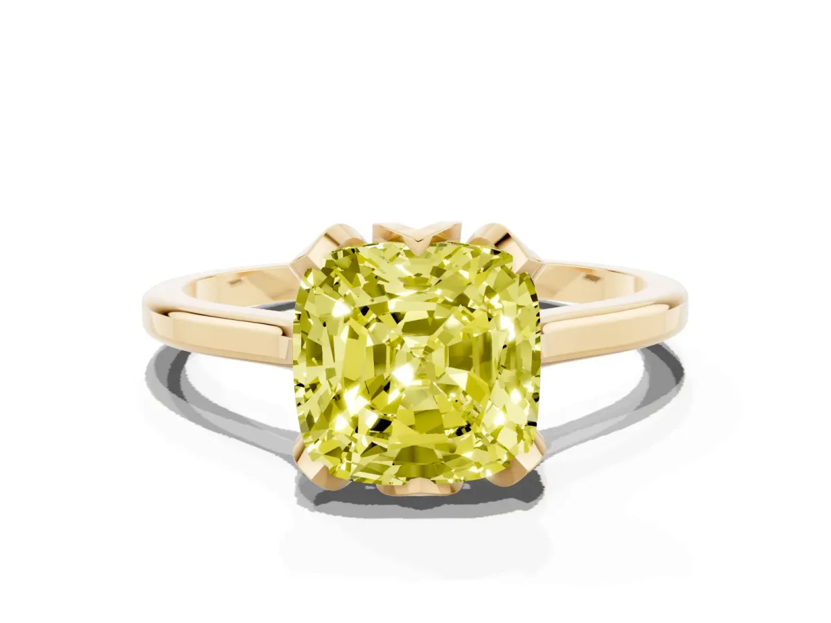 Fancy Yellow Cushion Cut Diamond Solitaire Ring with Flower Prong Setting and Classic Band Yellow gold
