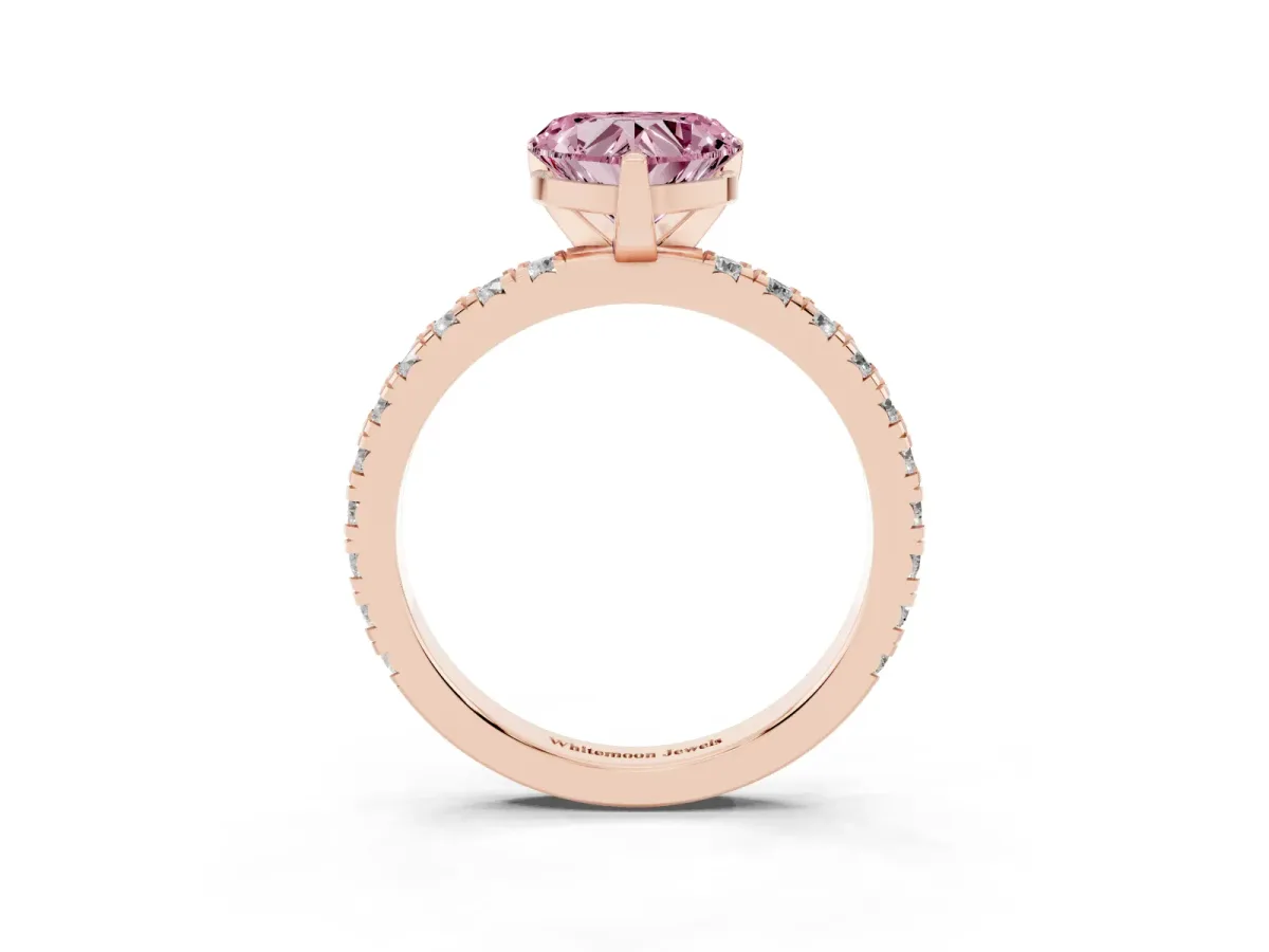 Fancy Pink Heart Cut Diamond Pavé Band Solitaire with Four-Prong Setting Rose gold