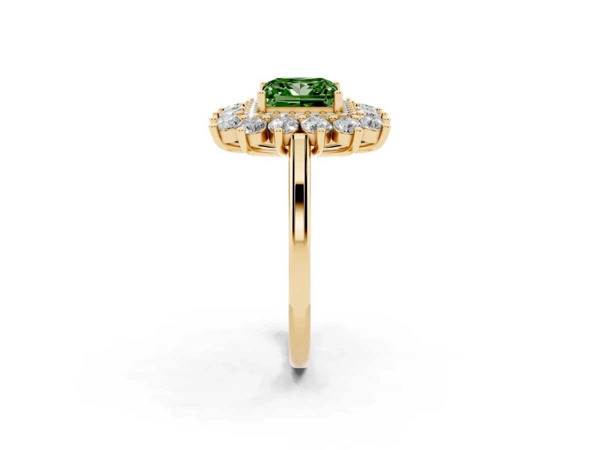 Fancy Green Princess Cut Diamond Floral Double Halo Engagement Ring with Prong Setting Yellow gold