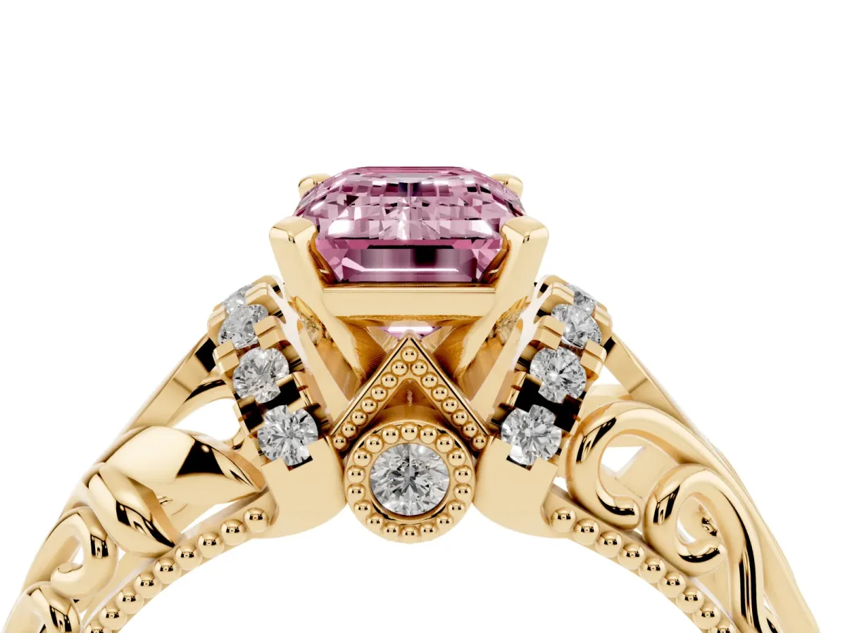 Fancy Pink Emerald Cut Solitaire Filigree Engagement Ring with Halo and Prong Setting Yellow gold