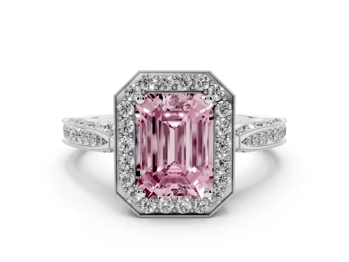 Fancy Pink Emerald Cut Halo Diamond Engagement Ring with Split Shank Band and Four-Prong Setting Platinum