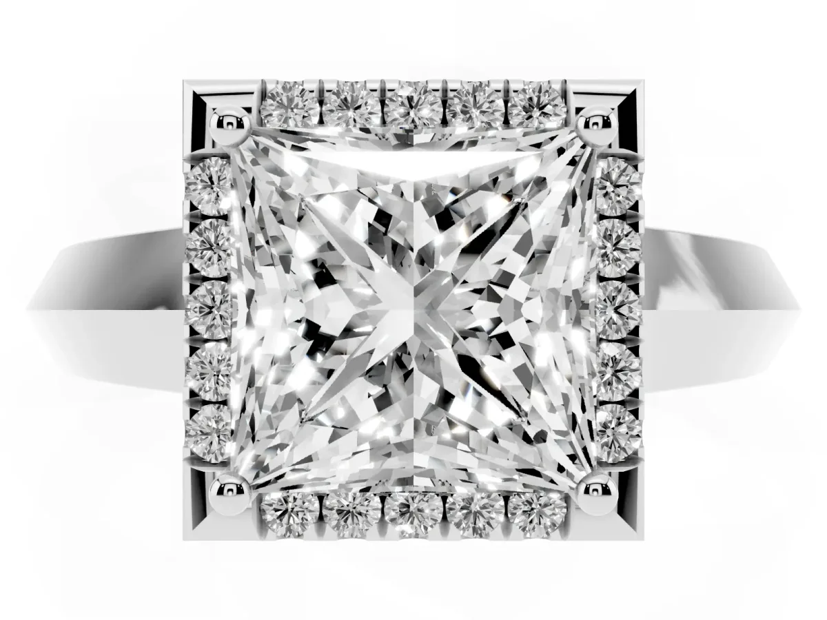 Princess Cut Halo Diamond Ring with Cathedral Band and Four-Prong Setting Silver
