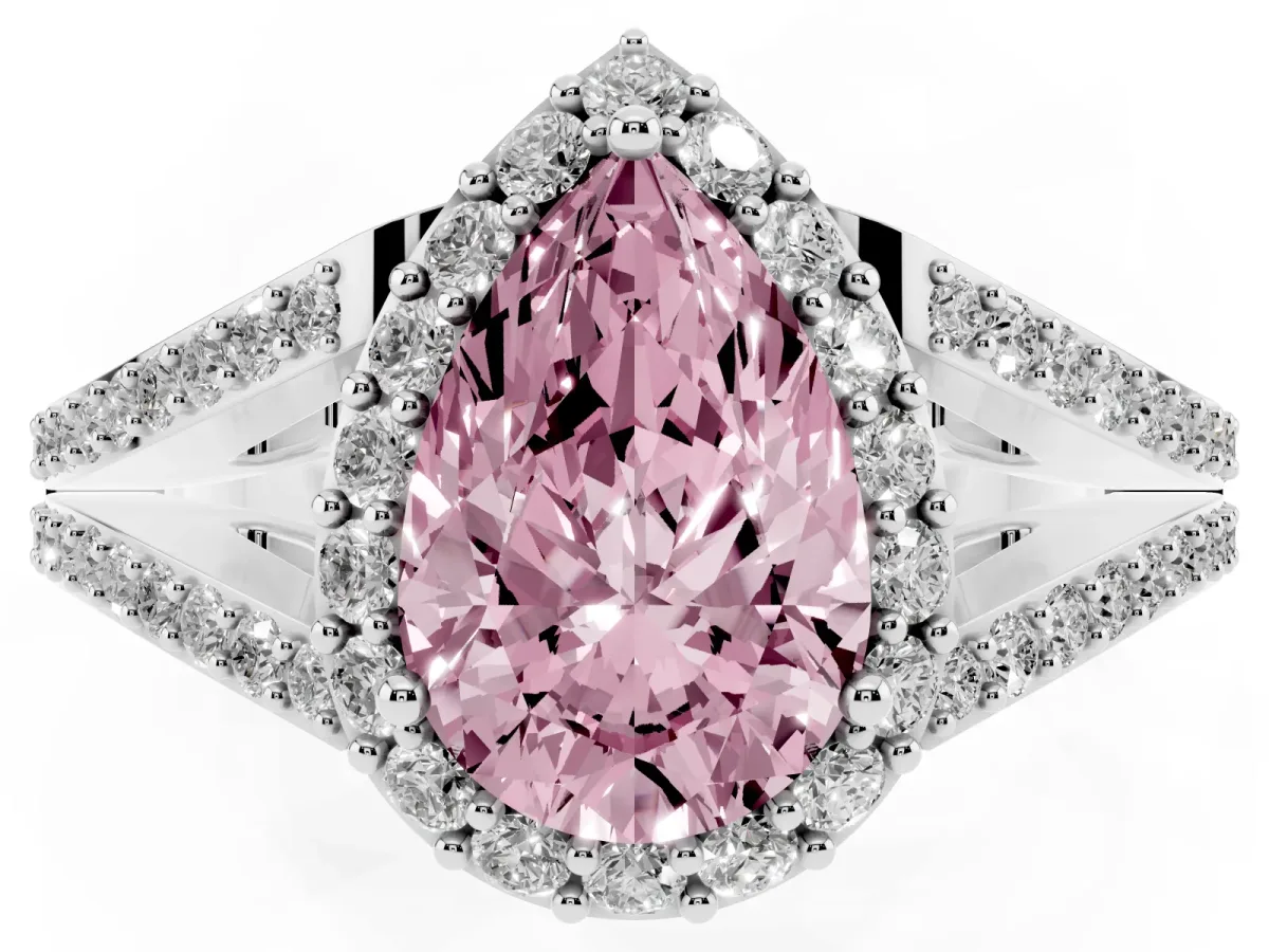 Fancy Pink Pear Cut Halo Split Shank Diamond Ring with Prong Setting Silver