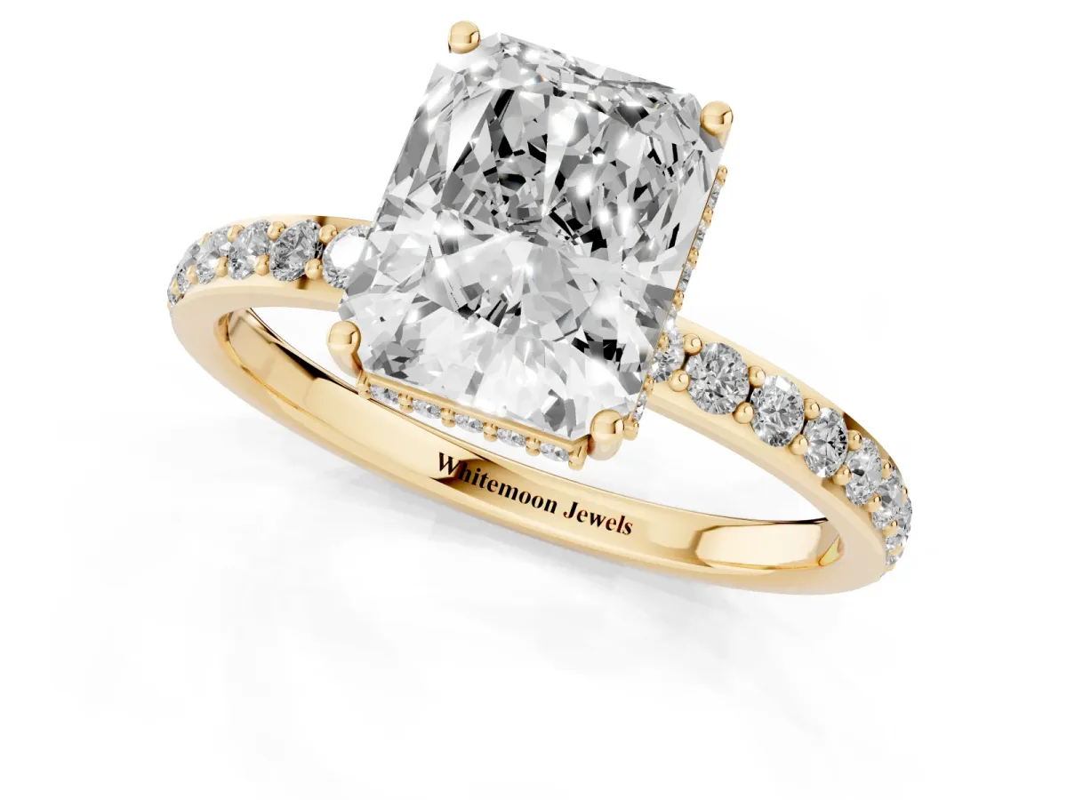 Radiant Cut Diamond Solitaire Ring with Pavé Band and Hidden Halo Yellow gold