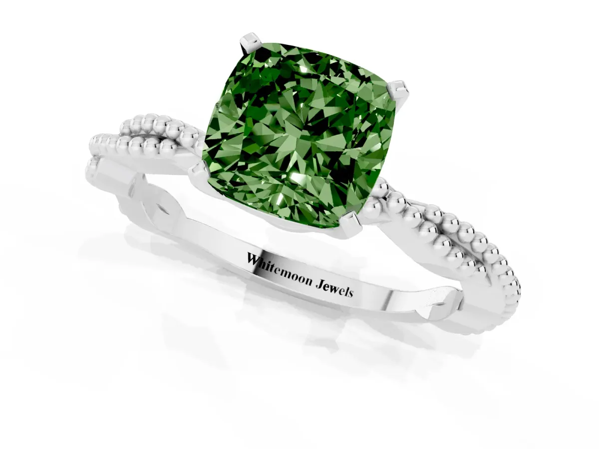 Fancy Green Cushion Cut Solitaire Twisted Band with Bead Prong Setting Silver