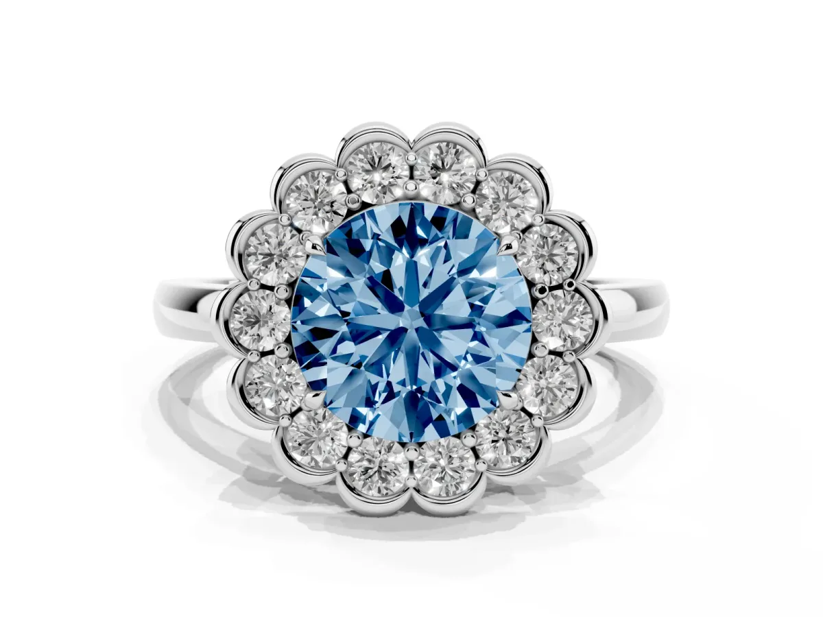 Fancy Blue Round Cut Halo Cluster Diamond Engagement Ring with Solitaire Band and Prong Setting Platinum