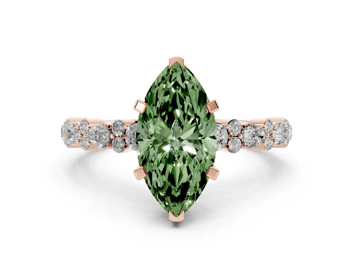 Fancy Green Marquise Cut Diamond Side Stone Solitaire Ring with Round and Four-Prong Setting Rose gold