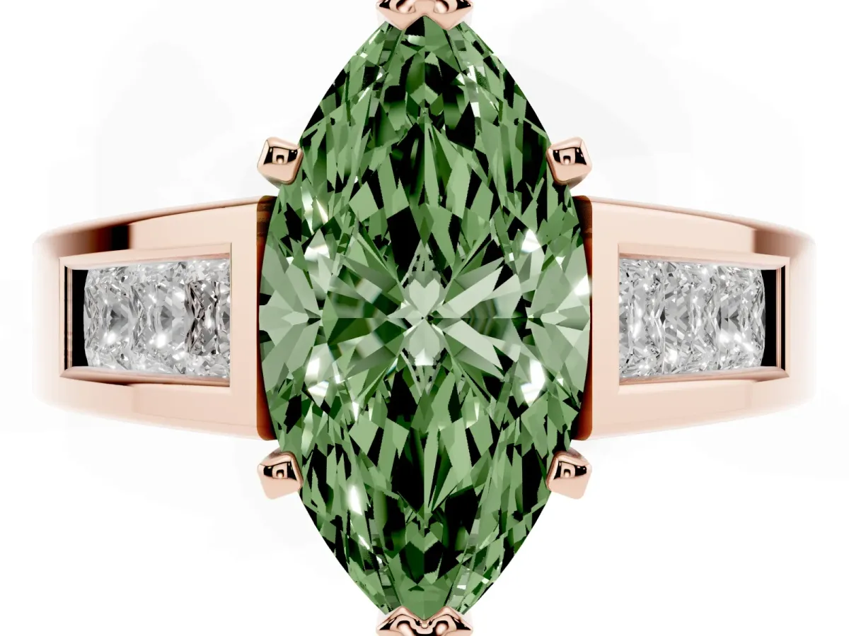 Fancy Green Marquise Cut Cut Channel Set Solitaire Ring with Four-Prong Setting Rose gold