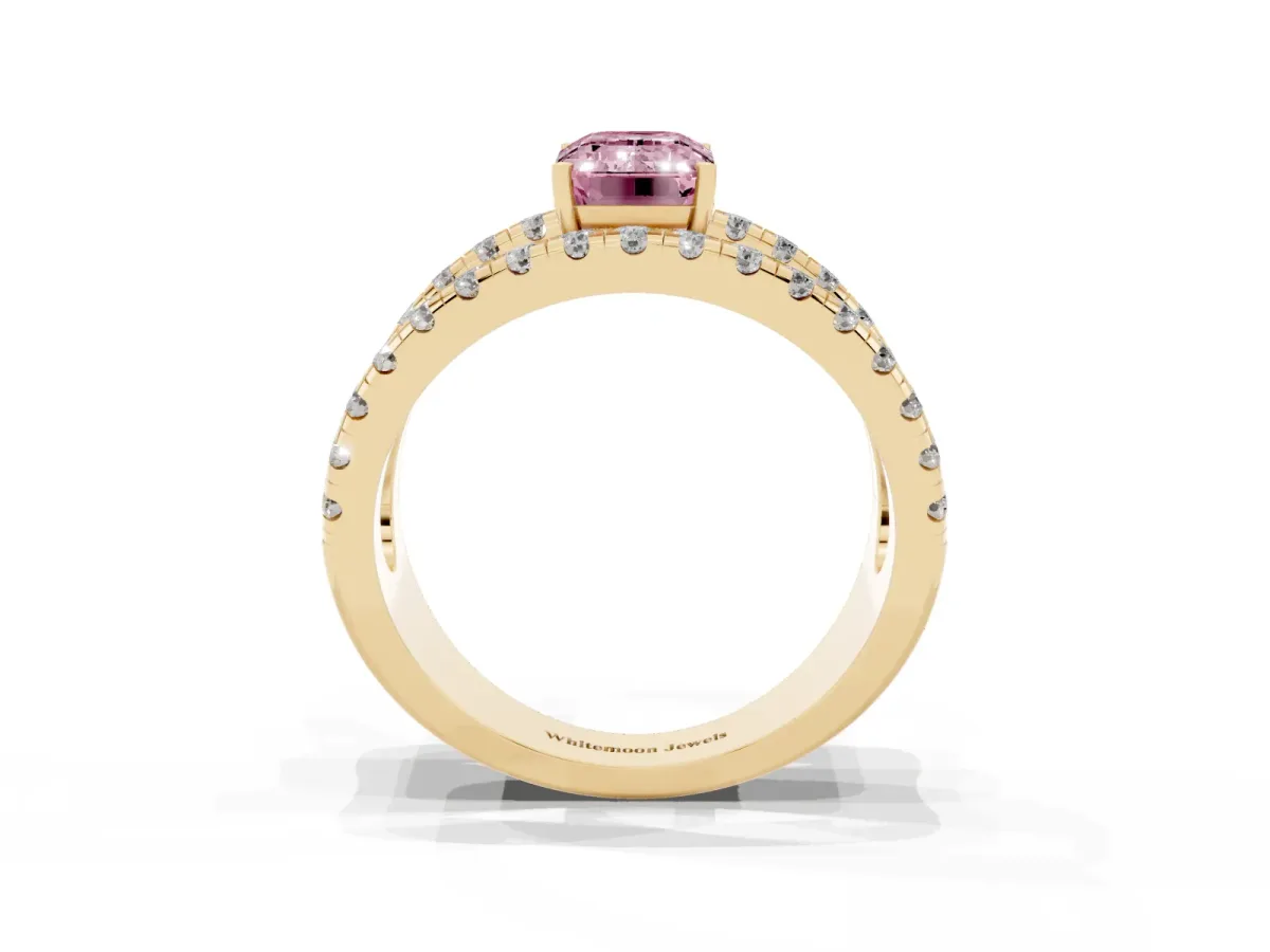 Fancy Pink Emerald Cut Solitaire Split Shank Pave Diamond Ring Yellow gold