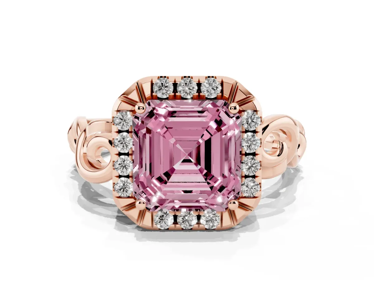 Fancy Pink Asscher Cut Cut Halo Diamond Ring with Scrollwork Band and Four-Prong Setting Rose gold