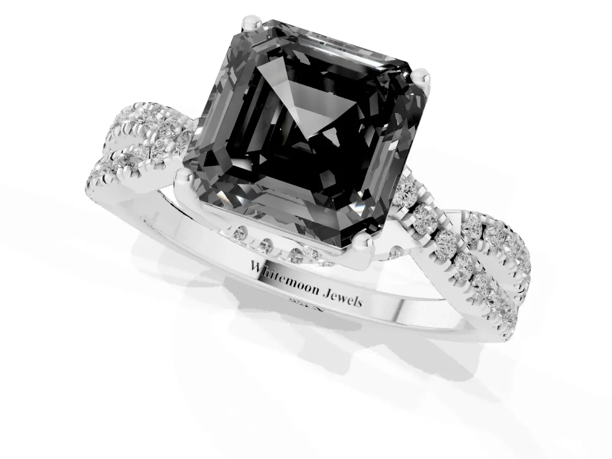 Fancy Black Asscher Cut Solitaire Twist Pave Diamond Engagement Ring with Prong Setting Silver