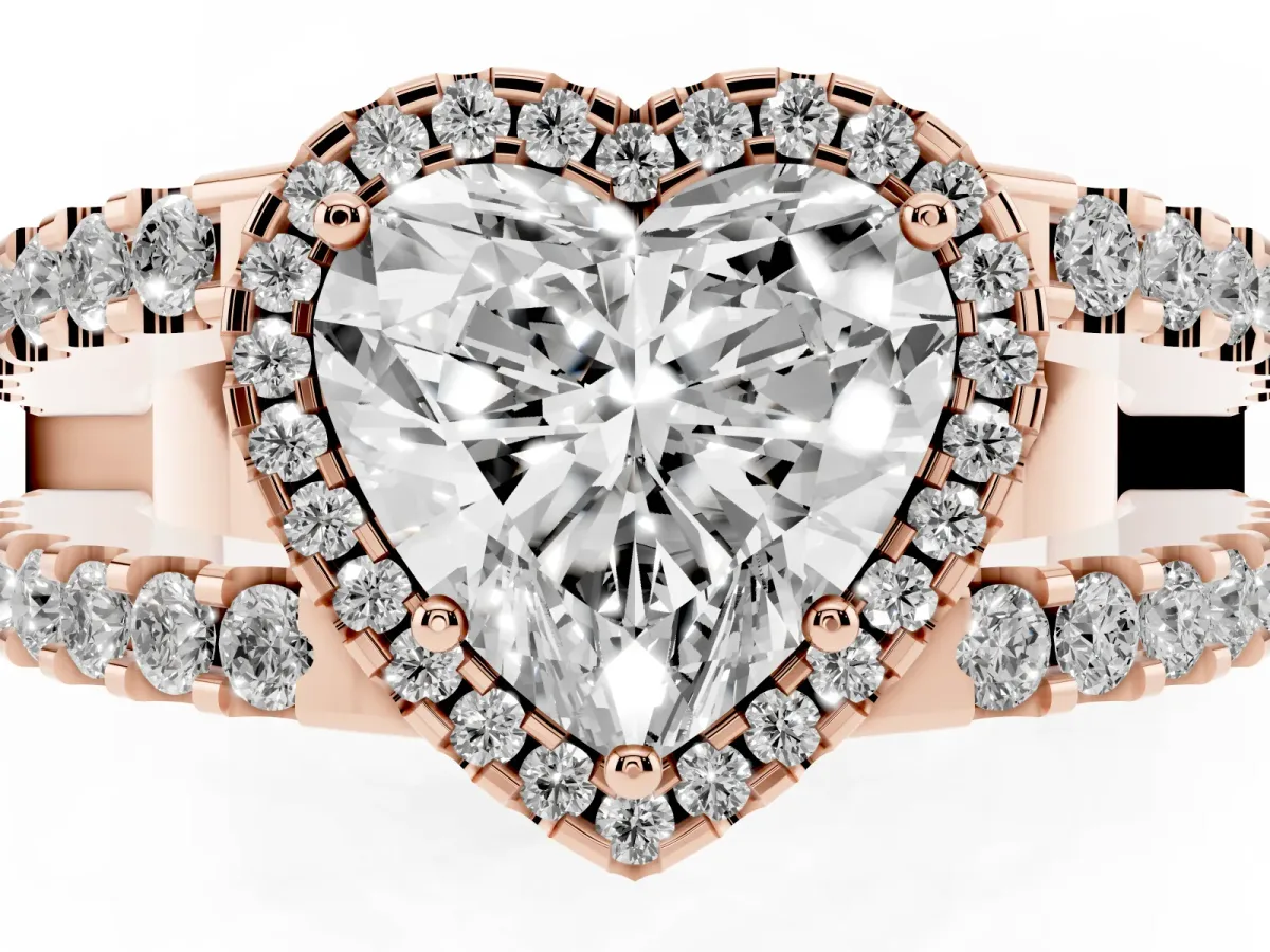 Heart Cut Cut Halo Split Shank Diamond Ring with Four-Prong Setting Rose gold