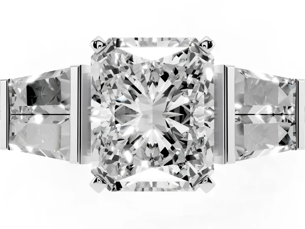 Radiant Cut Diamond Engagement Ring with Baguette Side Stones and Channel Set Band White gold