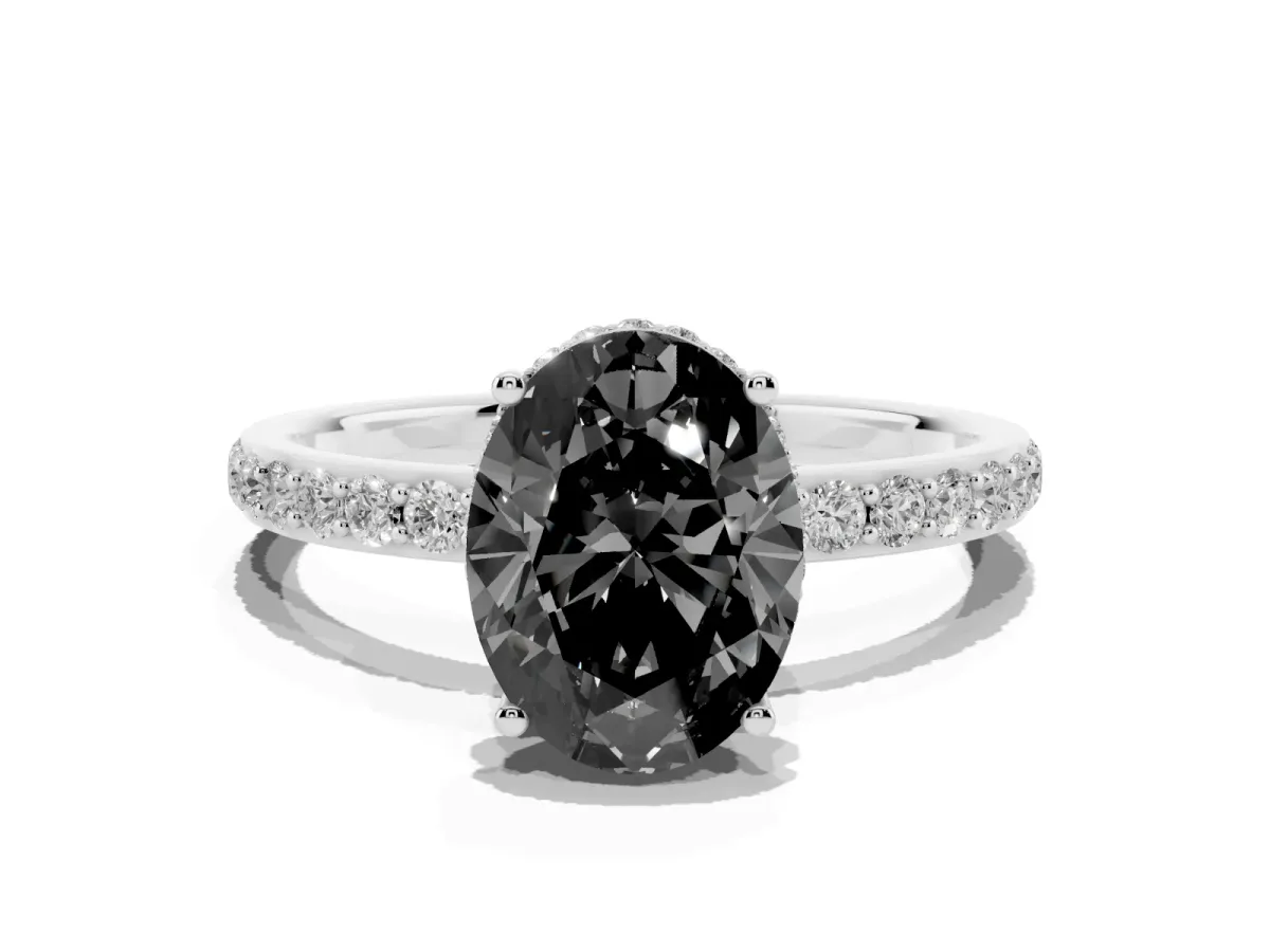 Fancy Black Oval Cut Diamond Solitaire Ring with Pavé Band and Hidden Halo Platinum