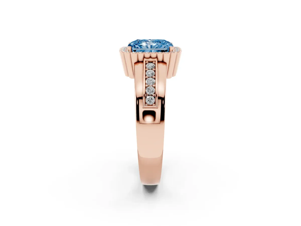 Fancy Blue Radiant Cut Cut Halo Pave Band Four-Prong Ring Rose gold