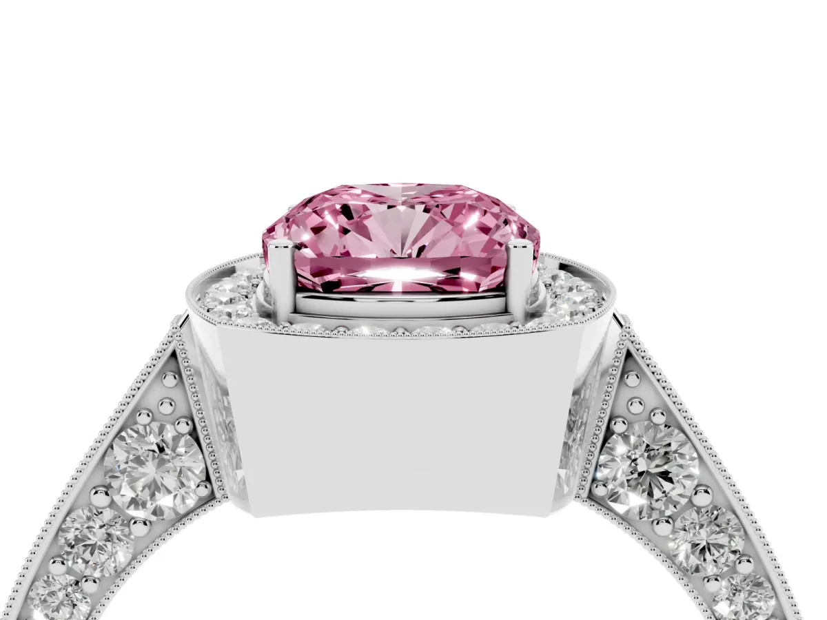Fancy Pink Cushion Cut Halo Diamond Engagement Ring with Split Shank Band and Four-Prong Setting Silver